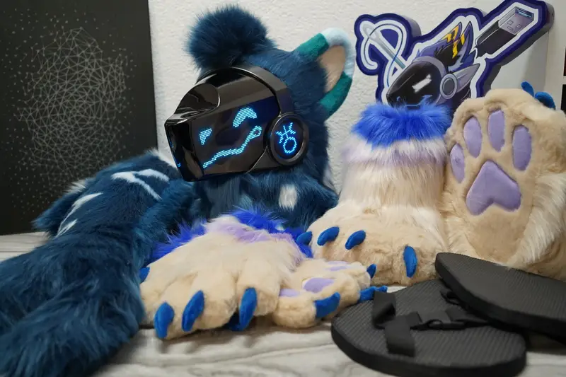 Dark teal Protogen partial with the head, shark tail, cream hand paws and feet paws on their black sandals