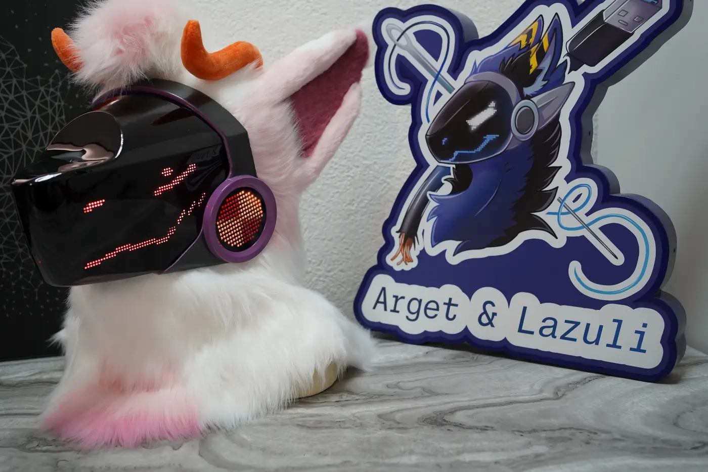 White and pink Protogen head with half closed red eyes on the LED visor
