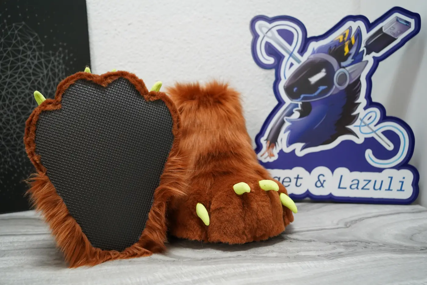 Rust brown Protogen outdoor feet paws with green claws and a black outdoor sole