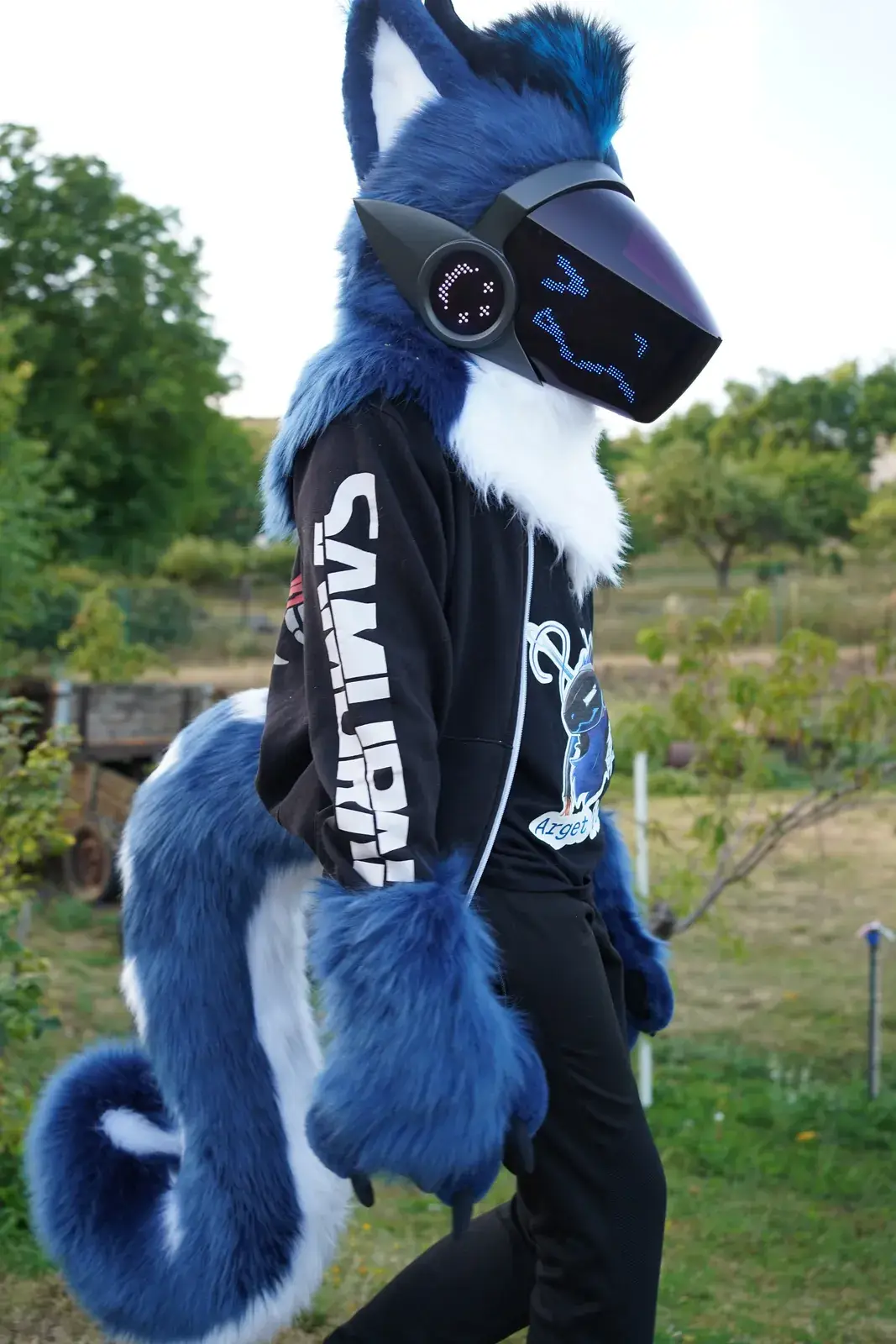 Blue and white Protogen mini partial walking through the garden, full body with the tail