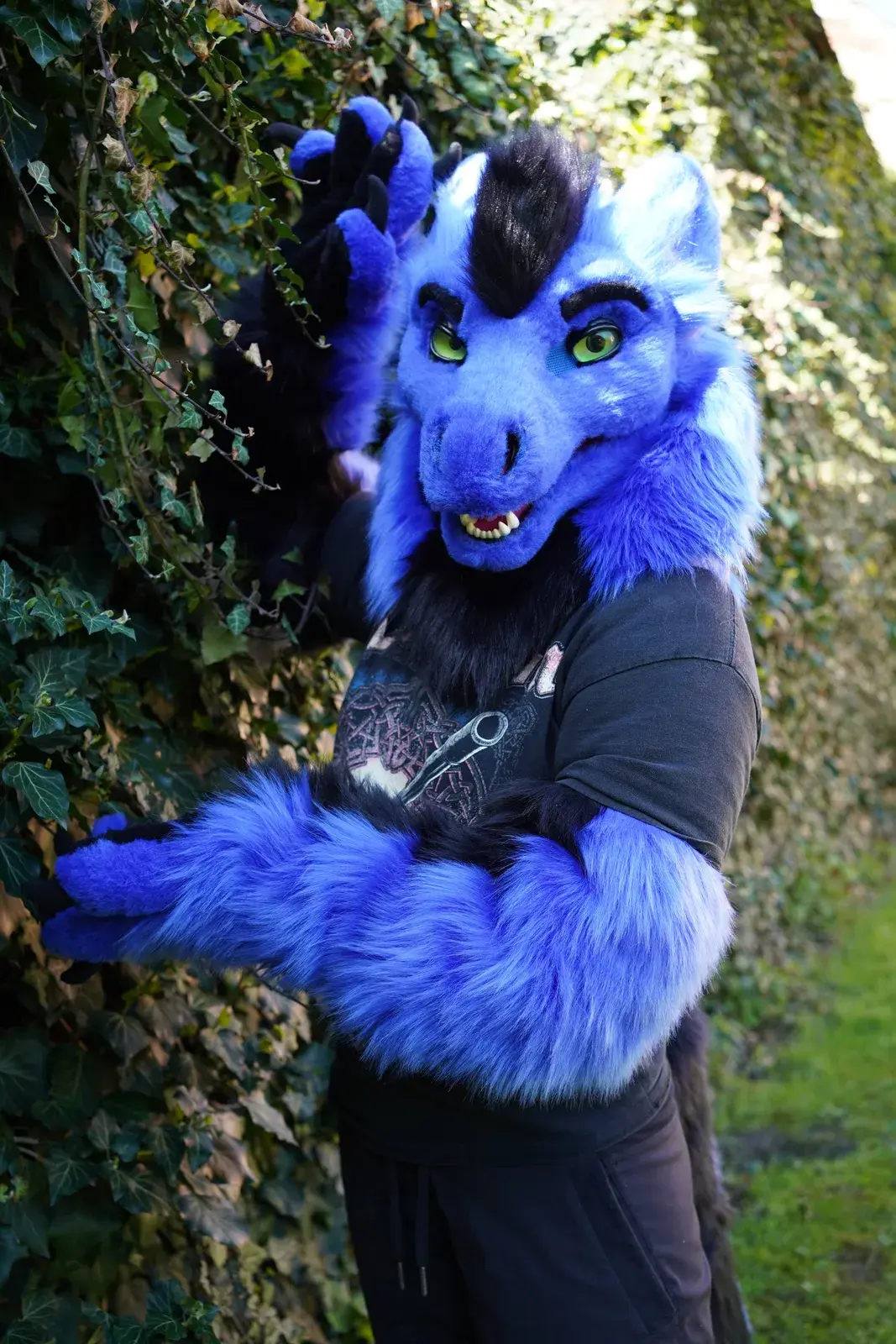 Blue and black toony fursuit head with an open mouth, green eyes and a fluffy mane against an ivy wall