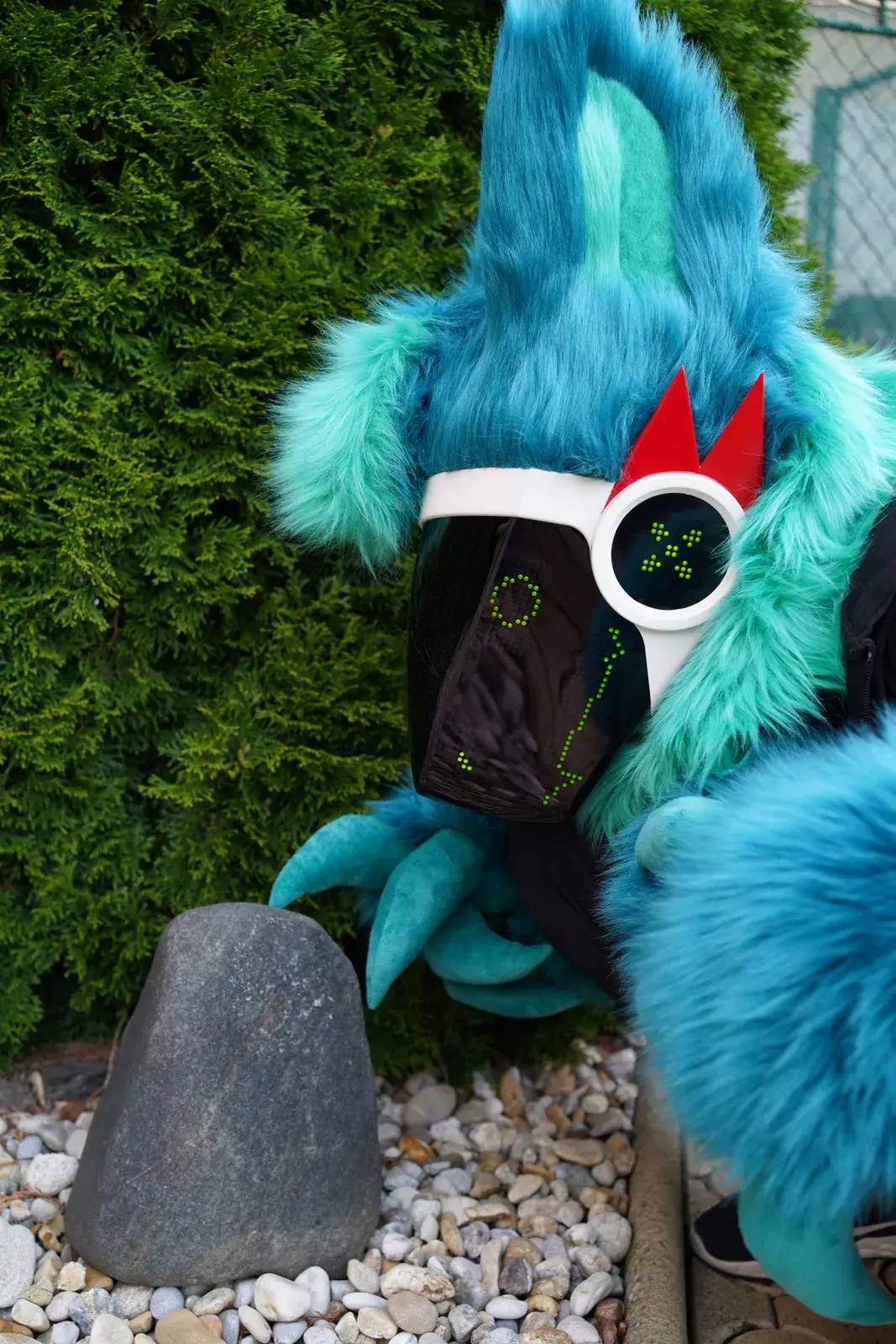 Teal Protogen partial bending toward a stone garden ornament, white visor and red horns
