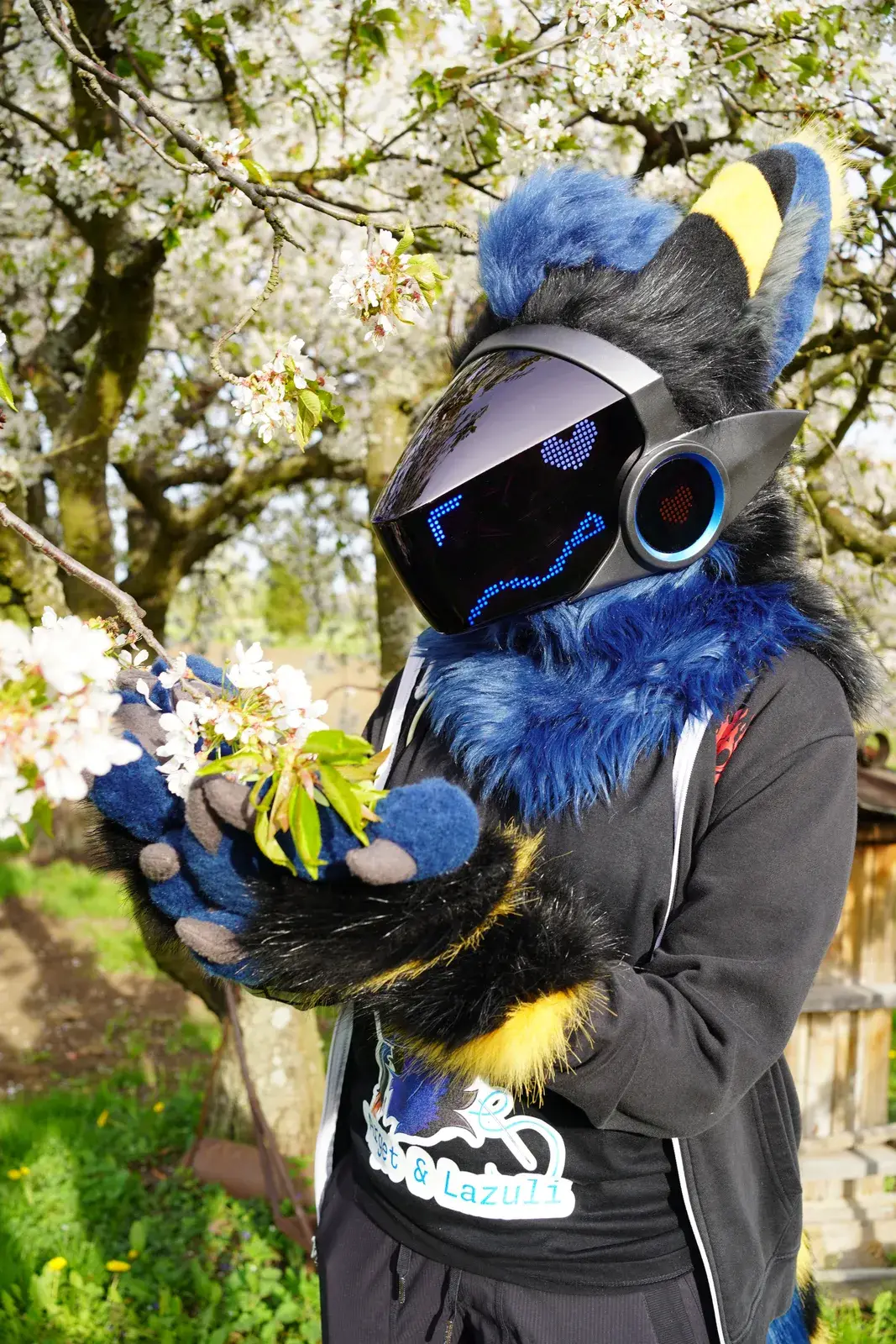 Dark blue, black and yellow Protogen partial reaching toward a flowering branch, visor showing letter shapes