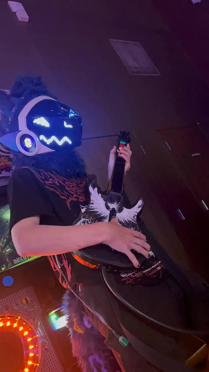 Navy blue Protogen with a white visor showing white pixel eyes, by Arget & Lazuli