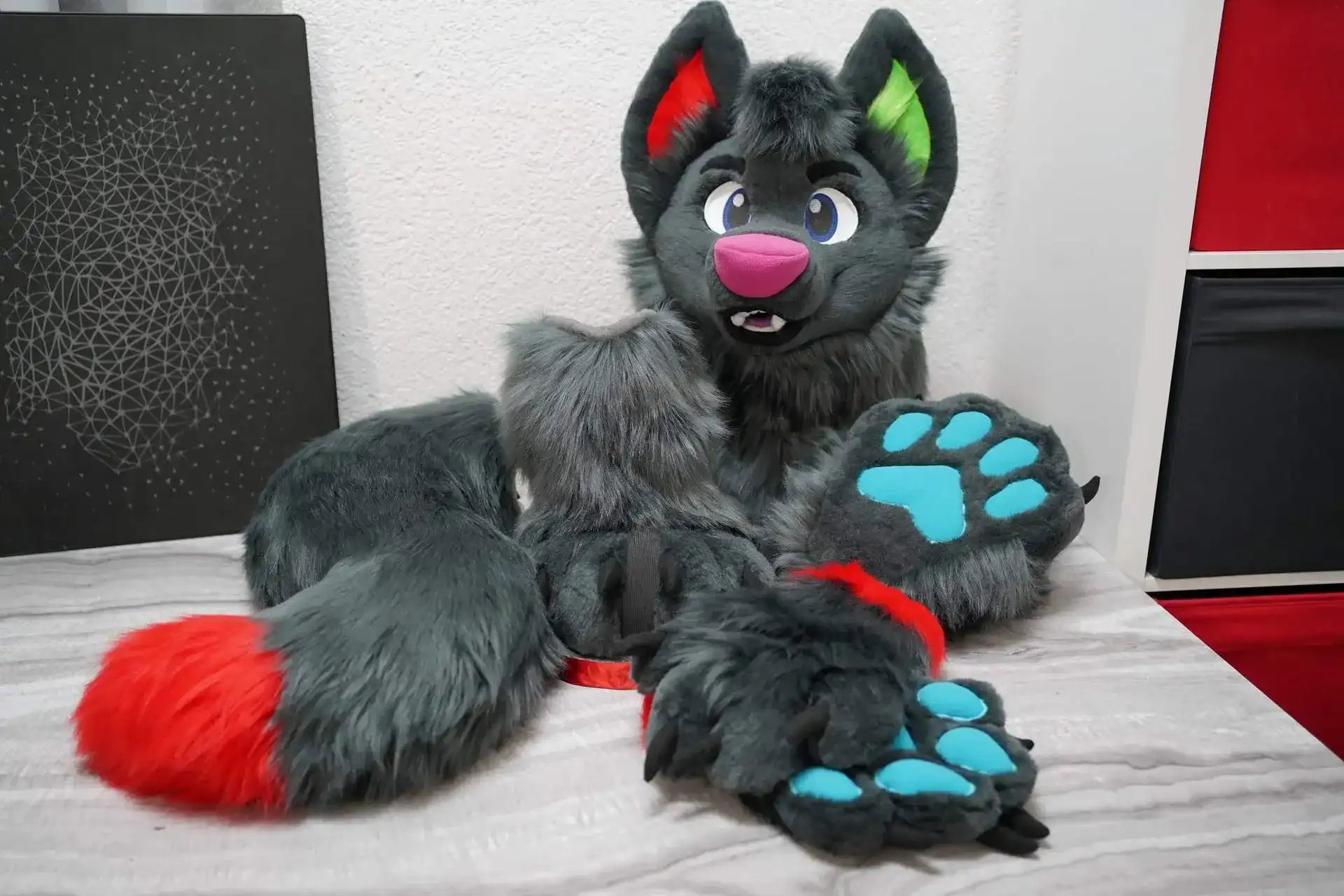 Handmade custom toony wolf fursuit partial, by Arget & Lazuli