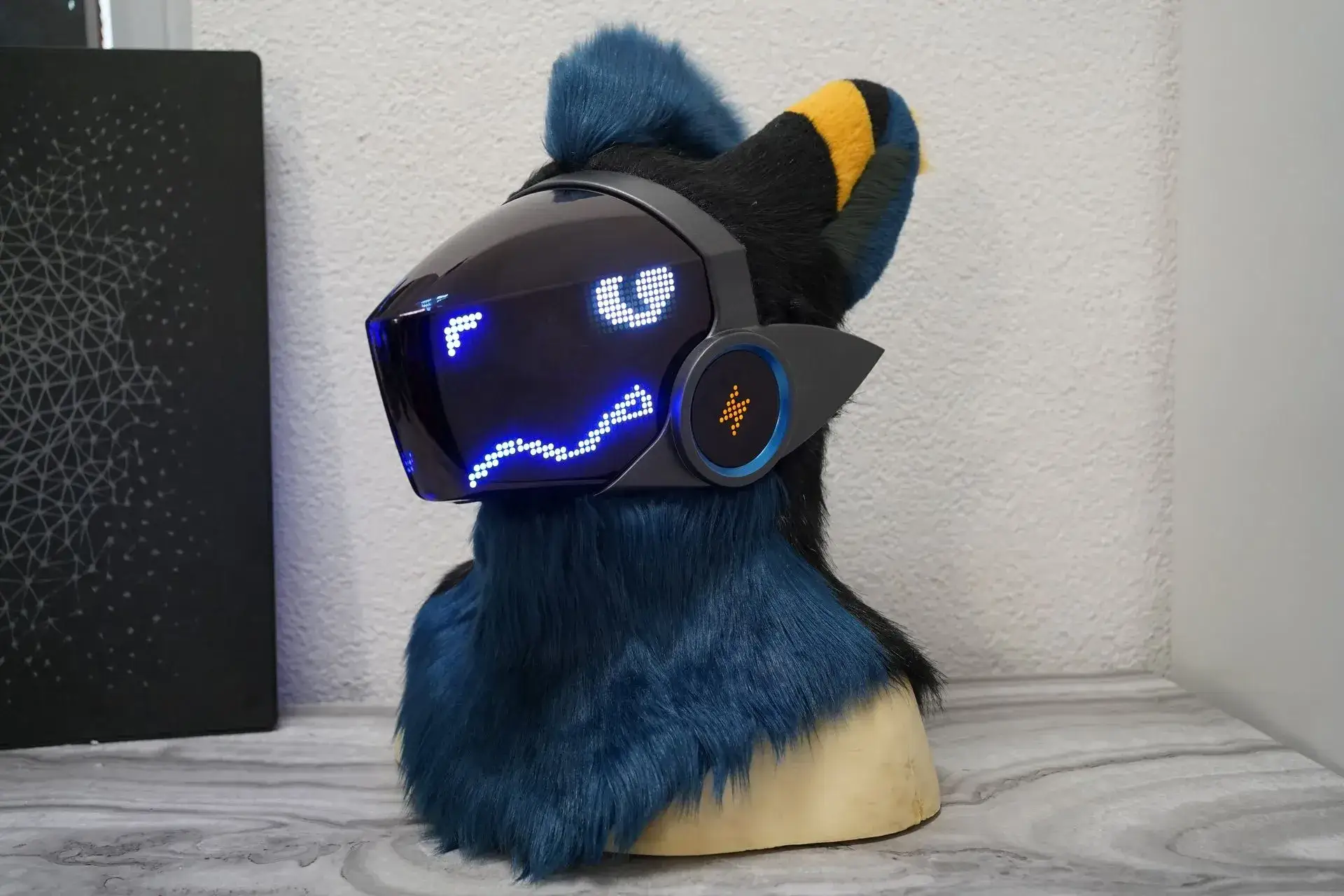 Custom Protogen fursuit head with an animated LED visor by Arget & Lazuli