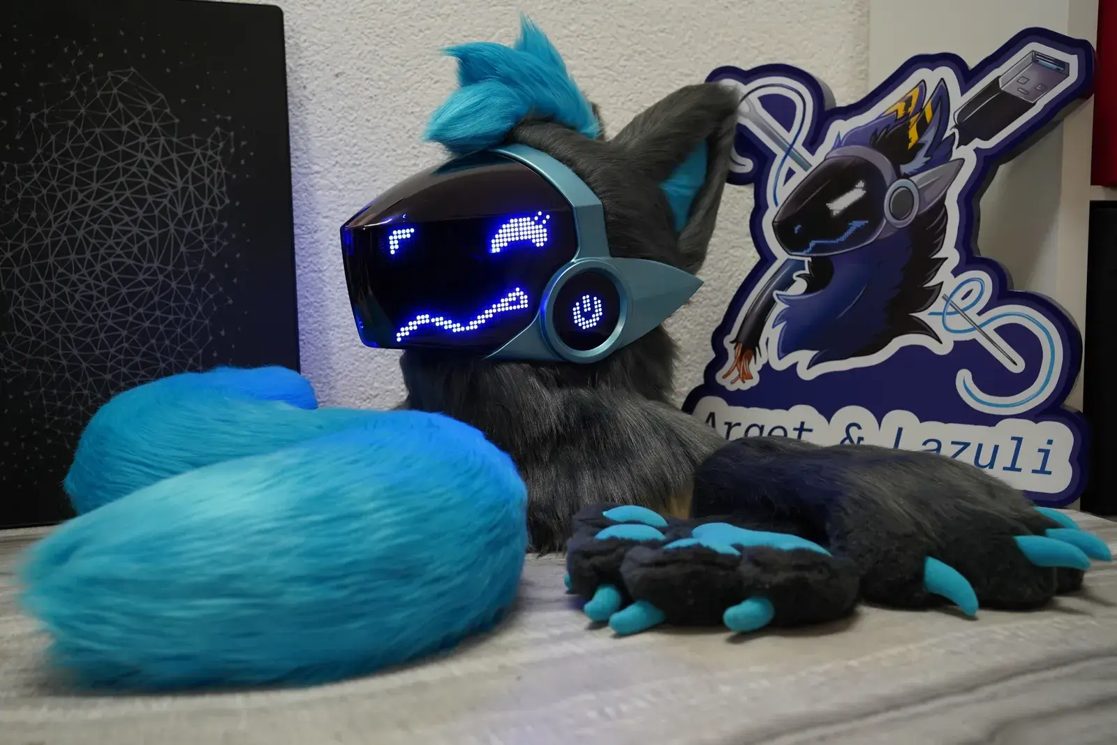 Gray and teal Protogen mini partial with a black visor, blue pixel eyes, teal claws and tail, by Arget & Lazuli