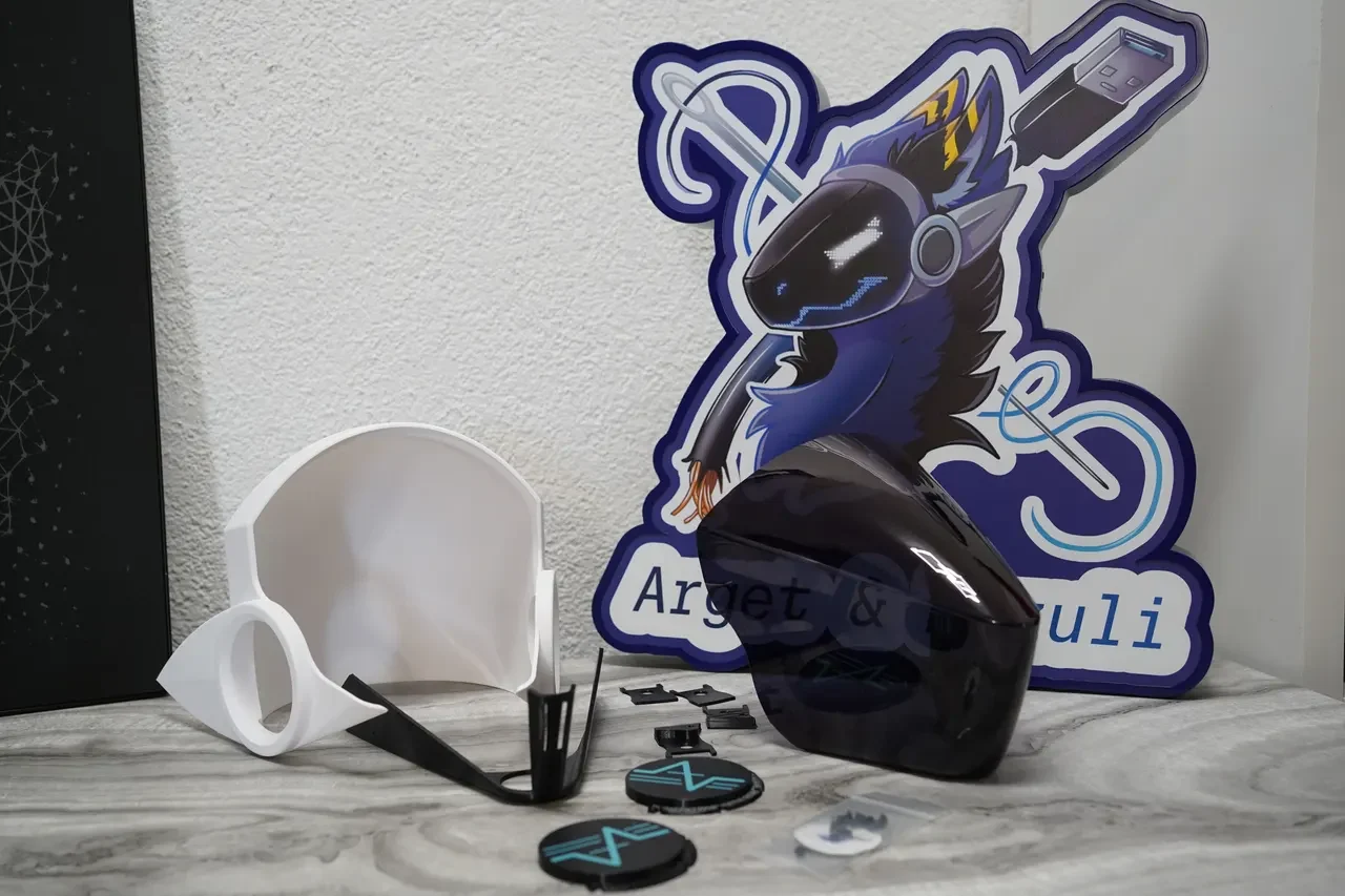 Handmade custom Protogen DIY parts kit: a 3D printed base, tinted visor and assembly hardware, by Arget & Lazuli