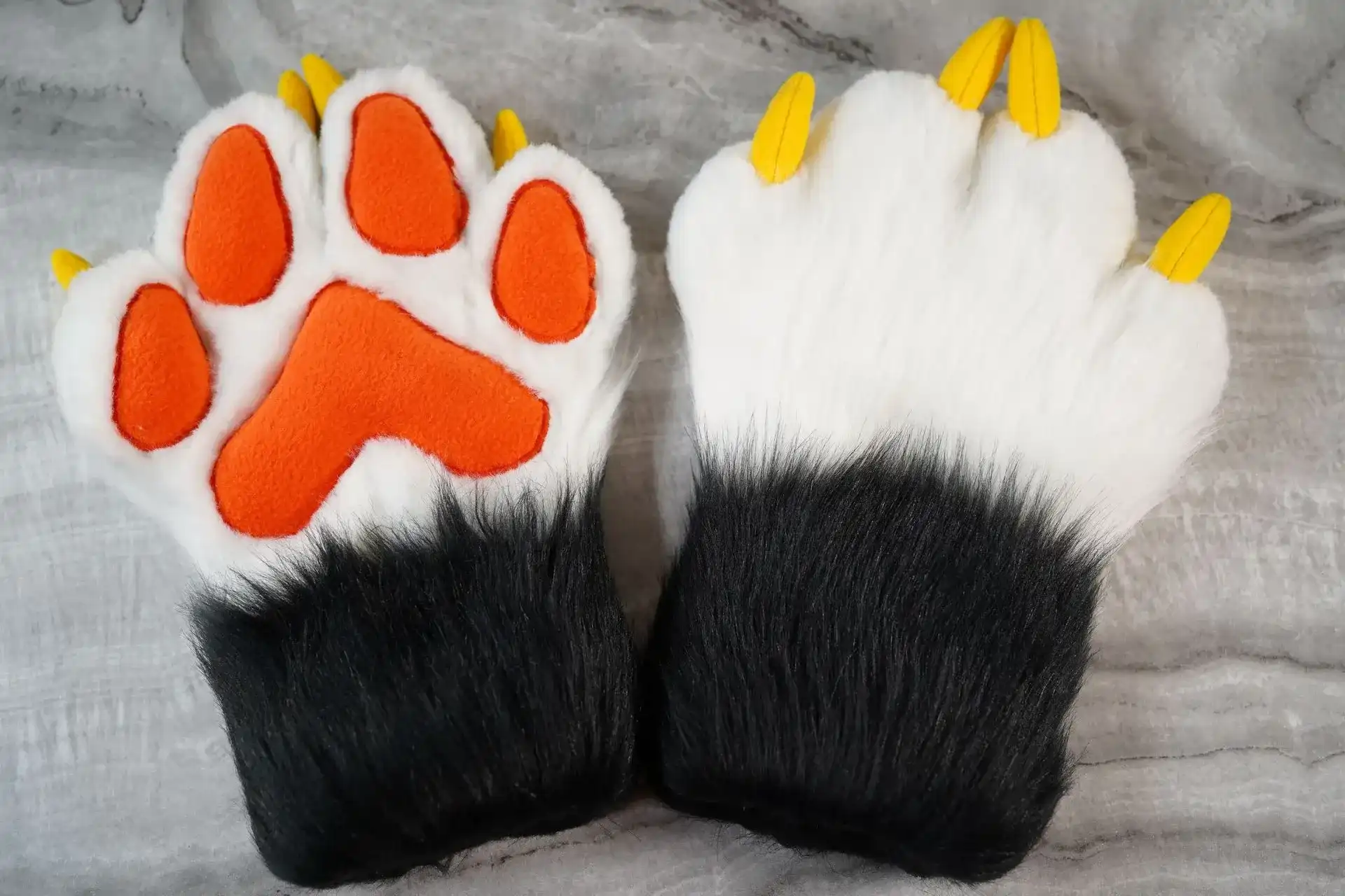 Handmade custom puffy fursuit handpaws with embroidered paw pads, fully lined, by Arget & Lazuli