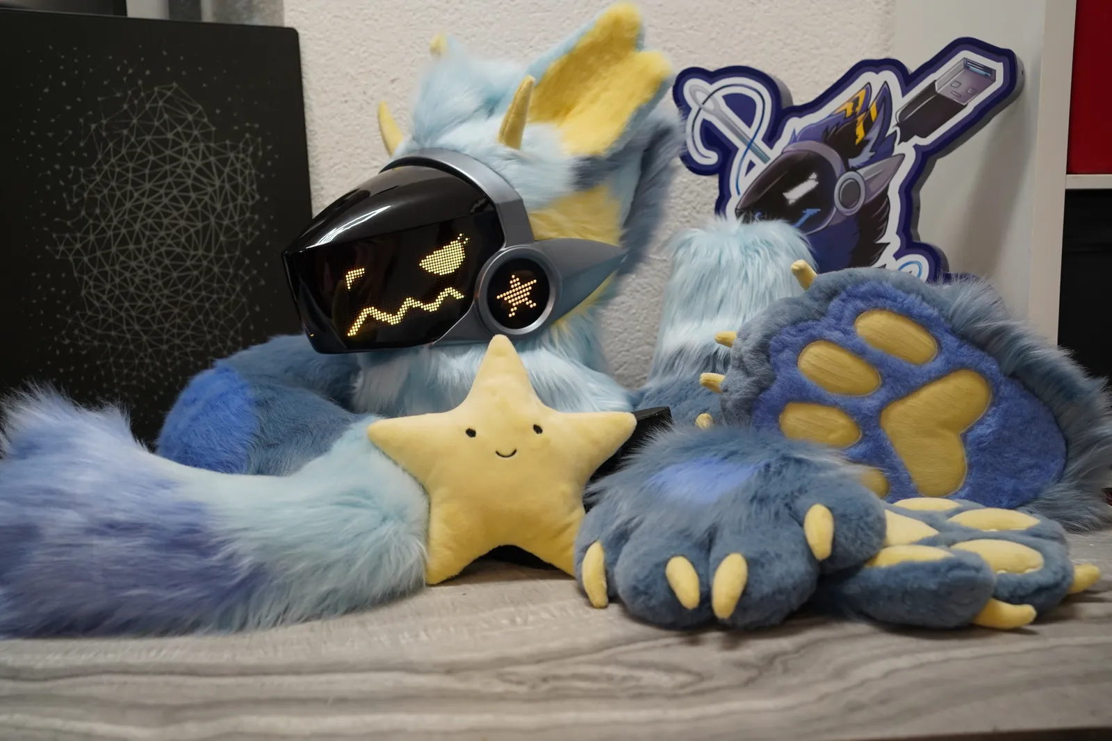 Blue and yellow Protogen partial: head, hand paws, feet paws and tail, by Arget & Lazuli