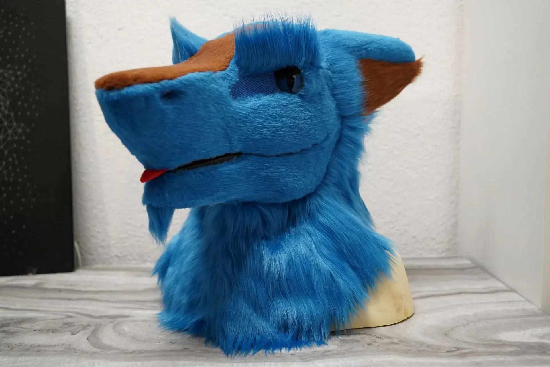 Blue Sergal fursuit head with brown snout and ear markings, mouth closed