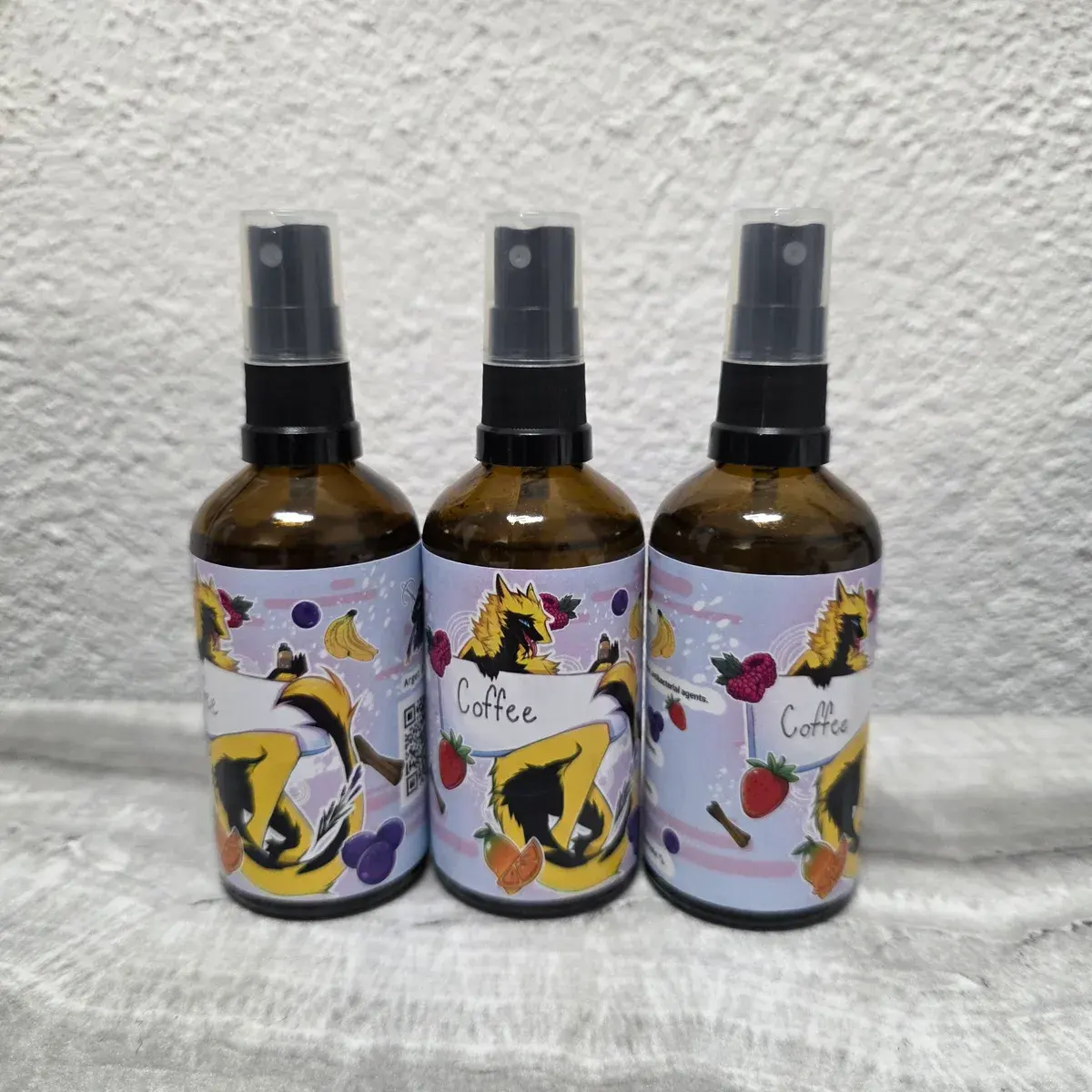Three handmade Coffee scented fursuit refresher spray bottles, by Arget & Lazuli