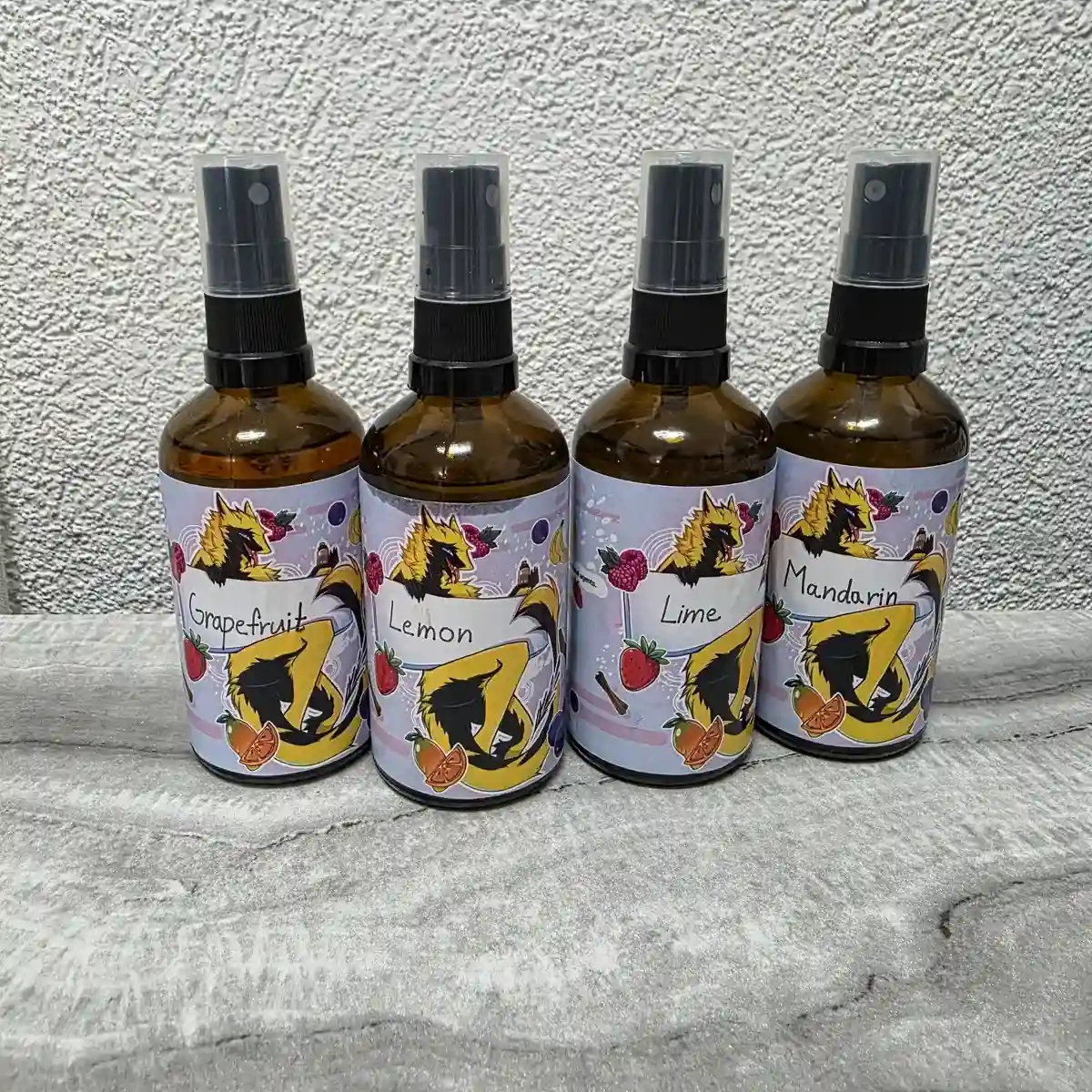 Handmade citrus scented fursuit refresher spray bottles, by Arget & Lazuli