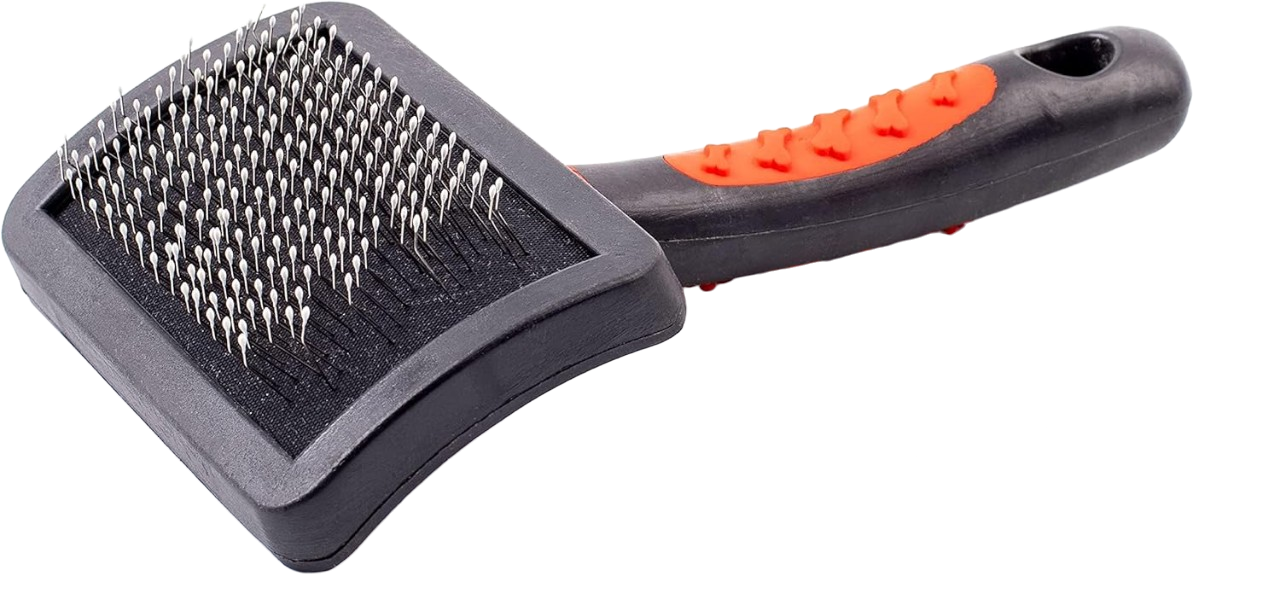 Recommended slicker brush with plastic tip bristles, safe for brushing fursuits